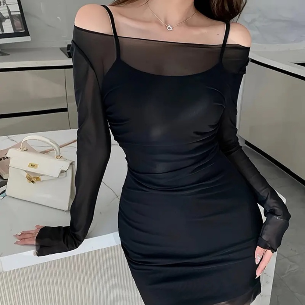 Solid Slim Two-piece Dress Set, Boat Neck Mesh Bodycon Black